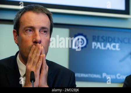 Philippe Goffin, ministre des Affaires étrangères et de la Défense, photographié lors d'une conférence de presse concernant l'évacuation des Belges de Wuhan, en Chine, à la suite du déclenchement du nouveau virus corona, à Bruxelles, le vendredi 31 janvier 2020. Quelque 12 000 Belges pourraient rentrer en Belgique dans les prochains jours. Ils resteront en quarantaine à l'hôpital militaire de Neder-over-Heembeek pendant deux semaines après leur arrivée. BELGA PHOTO NICOLAS MATERLINCK Banque D'Images