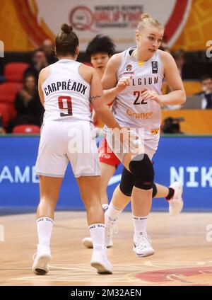 Cats belges Marjorie Carpreaux et Cats belges Hanne Mestdagh photographiés lors du deuxième match de basket-ball entre l'équipe nationale belge les Cats belges et le Japon, lors du tournoi de qualification olympique féminin de basket-ball, samedi 08 février 2020 à Ostende. BELGA PHOTO VIRGINIE LEFOUR Banque D'Images