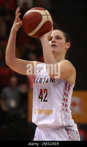 Chats belges Jana Raman photographiés lors du deuxième match de basket-ball entre l'équipe nationale belge les chats belges et le Japon, au tournoi de qualification olympique féminin de basket-ball samedi 08 février 2020 à Ostende. BELGA PHOTO VIRGINIE LEFOUR Banque D'Images