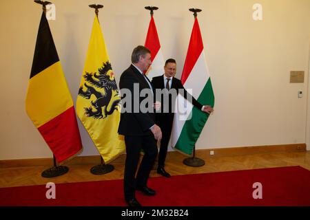 Le président du ministre flamand, Jan Jambon, et le ministre hongrois des Affaires étrangères, Peter Szijjarto, ont photographié lors d'une visite au Parlement hongrois, effectuée par le ministre-président flamand à Budapest, en Hongrie, le mercredi 12 février 2020. BELGA PHOTO NICOLAS MATERLINCK Banque D'Images