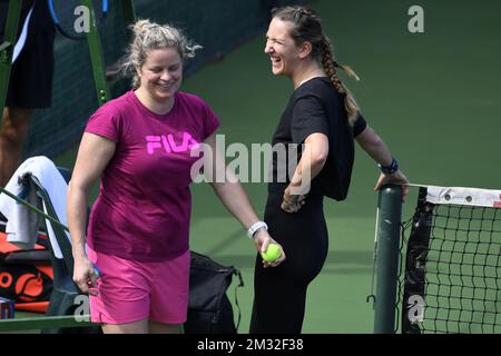 Belge Kim Clijsters et Belorussian Victoria Azarenka photographiés après une session de tennis, dans le cadre des préparatifs avant le début du tournoi de tennis 'WTA Monterrey' à Monterrey, Mexique samedi 29 février 2020. Le tournoi aura lieu du 2 au 8 mars. BELGA PHOTO YORICK JANSENS Banque D'Images