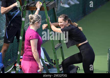 Belge Kim Clijsters et Belorussian Victoria Azarenka photographiés après une session de tennis, dans le cadre des préparatifs avant le début du tournoi de tennis 'WTA Monterrey' à Monterrey, Mexique samedi 29 février 2020. Le tournoi aura lieu du 2 au 8 mars. BELGA PHOTO YORICK JANSENS Banque D'Images