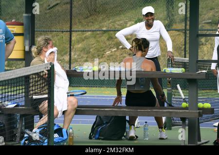 Belge Kim Clijsters, Belorussian Victoria Azarenka et American venus Williams photographiés lors d'une session de formation le premier jour du tournoi de tennis 'WTA Monterrey' à Monterrey, Mexique, lundi 02 mars 2020. Le tournoi aura lieu du 2 au 8 mars. BELGA PHOTO YORICK JANSENS Banque D'Images