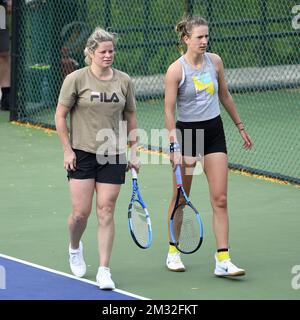 Le Belge Kim Clijsters et le Belorussian Victoria Azarenka photographiés lors d'une session de formation le premier jour du tournoi de tennis 'WTA Monterrey' à Monterrey, Mexique, le lundi 02 mars 2020. Le tournoi aura lieu du 2 au 8 mars. BELGA PHOTO YORICK JANSENS Banque D'Images