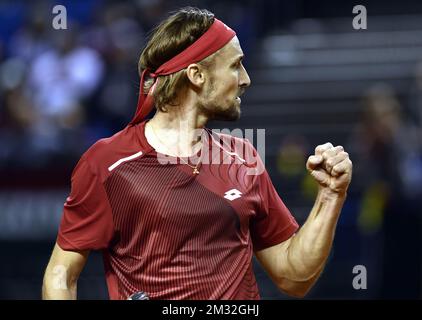 Belge Ruben Bemelmans (ATP 222) célèbre lors d'un match de tennis contre les Fucsovics hongrois (ATP 84), le cinquième caoutchouc des qualifications du premier tour dans le groupe mondial de la coupe Davis entre la Belgique et la Hongrie, samedi 07 mars 2020, à Debrecene, Hongrie. BELGA PHOTO ERIC LALMAND Banque D'Images