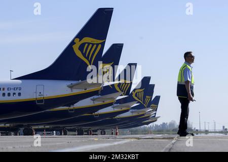 L'illustration montre des avions Ryanair lors d'une visite de plusieurs services à l'aéroport de Bruxelles Sud, à Gosselies, Charleroi, vendredi 10 avril 2020. La Belgique en est à sa quatrième semaine de confinement dans la crise actuelle du virus corona. PISCINE PHOTO DE BELGA CHRISTOPHE LICOPPE Banque D'Images
