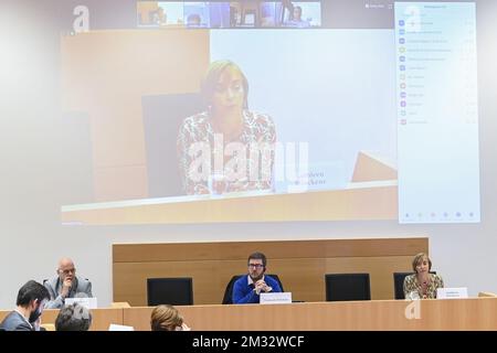 Jacques Gorteman, directeur de l'ERIP, François Ghislain, chef de la police, et Kathleen Stinckens, présidente de la Comite P, photographiés lors d'une session de la Commission Justice et intérieur du Parlement fédéral à Bruxelles, le vendredi 10 juillet 2020. Aujourd'hui, la commission discute des violations contre la police. BELGA PHOTO LAURIE DIEFFEMBACQ Banque D'Images