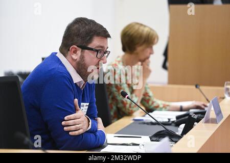 La police StressSteam François Ghislain et la présidente de la Comite P Kathleen Stinckens photographiés lors d'une session de la Commission Justice et intérieur du Parlement fédéral à Bruxelles, le vendredi 10 juillet 2020. Aujourd'hui, la commission discute des violations contre la police. BELGA PHOTO LAURIE DIEFFEMBACQ Banque D'Images