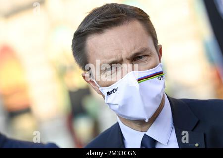 Le président de l'UCI, David Lappartient, photographié au début de l'étape 14 de l'édition 107th de la course cycliste Tour de France de Lyon à Grand Colombier (174,5 km), en France, dimanche 13 septembre 2020. Le Tour de France de cette année a été reporté en raison de la pandémie mondiale de Covid-19. La course 2020 commence à Nice le samedi 29 août et se termine le 20 septembre. PISCINE PHOTO DE BELGA Banque D'Images