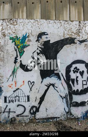 Copie de l'homme qui jette des fleurs (original de Banksy) sur le mur de séparation à Bethléem, Cisjordanie, Palestine. Banque D'Images