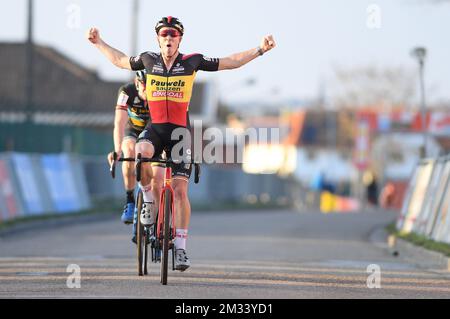 Laurens Sweeck belge célèbre sa victoire à la course d'élite masculine à la Croix d'Ethias de Louvain, le samedi 14 novembre 2020 à Heverlee, Louvain. BELGA PHOTO DAVID STOCKMAN Banque D'Images