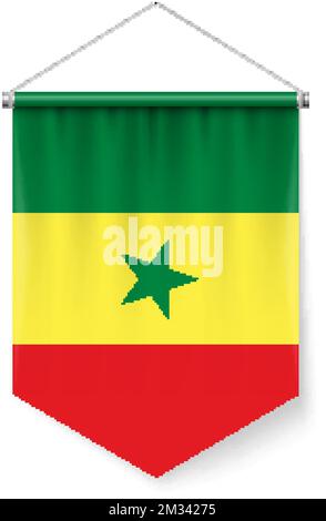 Drapeau de Pennant vertical du Sénégal comme icône sur le blanc avec des effets d'ombre. Signe patriotique couleur officielle et fleur drapeau sénégalais avec des Polonais métalliques Illustration de Vecteur