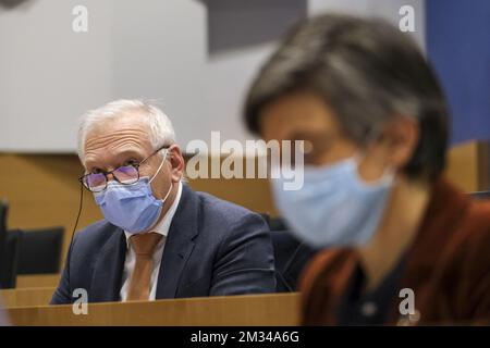 Gilles Mahieu, gouverneur de la province du Brabant wallon, et Cathy Berx, gouverneur de la province d'Anvers, photographiés lors d'une session de la commission de chambre spéciale pour examiner la gestion de la crise Covid-19, au Parlement fédéral à Bruxelles, le vendredi 22 janvier 2021. Aujourd'hui, la commission entend des représentants de la santé (médecins) le matin et des gouverneurs des collèges plus tard dans la journée. BELGA PHOTO NICOLAS MATERLINCK Banque D'Images