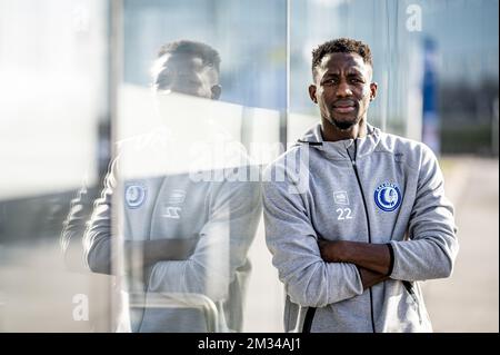 Sulayman Marreh, de Gent, pose pour le photographe après une conférence de presse de l'équipe belge de football KAA Gent, mardi 26 janvier 2021 à Gent, avant le 22 jour du championnat belge de football de la « Jupiler Pro League ». BELGA PHOTO JASPER JACOBS Banque D'Images