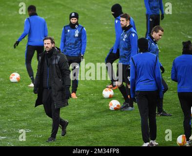 Les joueurs du Club photographiés lors d'une session d'entraînement de l'équipe belge de football Club Brugge KV à Kiev, Ukraine, le mercredi 17 février 2021. Le Club de demain jouera le FC Dynamo Kyiv dans la première partie de la finale 1/16 de l'UEFA Europa League. BELGA PHOTO SERGEI SUPINSKY Banque D'Images