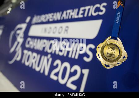 L'illustration montre la médaille d'or photographiée avant les championnats européens d'athlétisme en salle, à Torun, en Pologne, le mercredi 03 mars 2021. Les championnats ont lieu du 4 au 7 mars. BELGA PHOTO JASPER JACOBS Banque D'Images