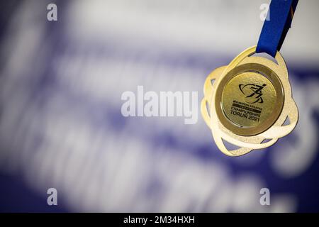 L'illustration montre la médaille d'or photographiée avant les championnats européens d'athlétisme en salle, à Torun, en Pologne, le mercredi 03 mars 2021. Les championnats ont lieu du 4 au 7 mars. BELGA PHOTO JASPER JACOBS Banque D'Images