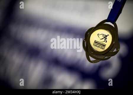 L'illustration montre la médaille d'or photographiée avant les championnats européens d'athlétisme en salle, à Torun, en Pologne, le mercredi 03 mars 2021. Les championnats ont lieu du 4 au 7 mars. BELGA PHOTO JASPER JACOBS Banque D'Images