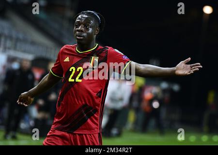 Le joueur belge Jeremy Doku réagit lors d'un match de qualification pour la coupe du monde 2022 dans le groupe E entre l'équipe nationale belge Red Devils et le Belarus (troisième sur huit matchs), mardi 30 mars 2021 à Louvain. BELGA PHOTO YORICK JANSENS Banque D'Images