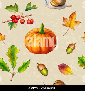 Motif sans couture sur le thème de l'automne, avec citrouille, corne, escargot, baies et quelques feuilles colorées. Illustration numérique avec éléments dessinés à la main. Banque D'Images