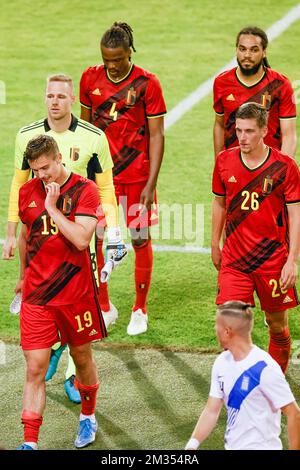 Les joueurs de Belgique photographiés après un match amical de l'équipe nationale belge de football Red Devils et de l'équipe nationale grecque, à Bruxelles, dans le cadre de la préparation du tournoi de Euro2020 jeudi 03 juin 2021. BELGA PHOTO BRUNO FAHY Banque D'Images