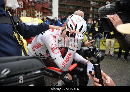 L'équipe australienne Ben O'Connor de AG2R Citroën célèbre après avoir remporté la phase 9 de l'édition 108th de la course cycliste Tour de France, 144,9km de Cluses à Tignes, France, dimanche 04 juillet 2021. Le Tour de France de cette année a lieu du 26 juin au 18 juillet 2021. BELGA PHOTO DAVID STOCKMAN Banque D'Images