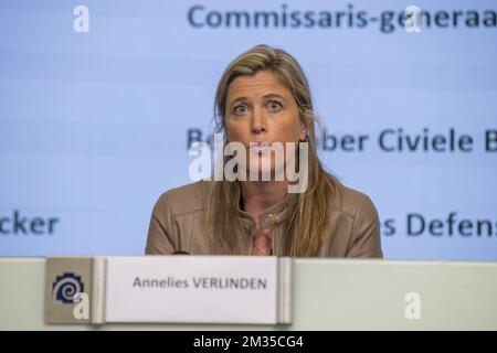 La ministre de l'intérieur, Annelies Verlinden, a photographié lors d'une conférence de presse concernant les inondations de la semaine dernière causées par de fortes pluies, dimanche 18 juillet 2021 à Bruxelles. Des jours de conditions météorologiques extrêmes ont déjà détesté certaines parties de l'est et du Sud de la Belgique. Jusqu'à présent, 31 personnes sont mortes, 163 sont toujours portées disparues. BELGA PHOTO NICOLAS MATERLINCK Banque D'Images