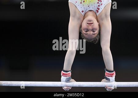 Gymnaste belge Maellyse Brassart photographié lors d'un entraînement de gymnastique en prévision des 'Jeux Olympiques de Tokyo 2020' à Tokyo, Japon, le jeudi 22 juillet 2021. Les Jeux Olympiques d'été ont lieu du 23 juillet au 8 août 2021. BELGA PHOTO DIRK WAEM Banque D'Images