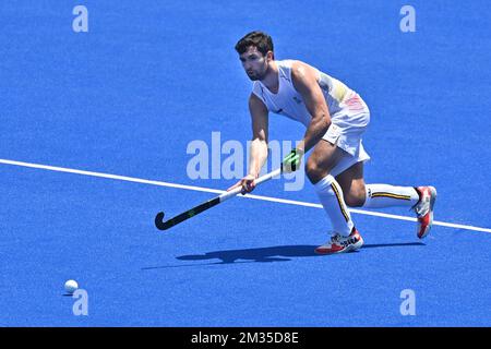 Loick Luypaert de Belgique photographié en action lors d'un match de hockey entre les Red Lions de Belgique et les pays-Bas, dans la première partie du pool B du tournoi de hockey sur gazon masculin, le deuxième jour des 'Jeux Olympiques de Tokyo 2020' à Tokyo, au Japon, le samedi 24 juillet 2021. Les Jeux Olympiques d'été 2020 reportés se tiendront du 23 juillet au 8 août 2021. BELGA PHOTO DIRK WAEM Banque D'Images