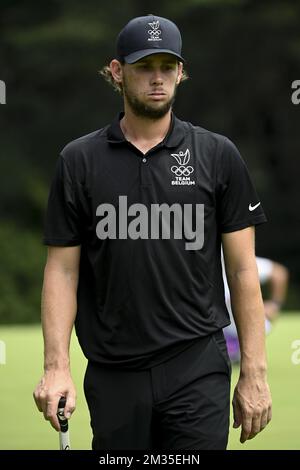 Thomas Pieters, joueur de golf belge, photographié en action au cours de la manche 2 du jeu individuel de course de golf masculin, le huitième jour des « Jeux Olympiques de Tokyo 2020 » à Tokyo, au Japon, le vendredi 30 juillet 2021. Les Jeux Olympiques d'été 2020 reportés se tiendront du 23 juillet au 8 août 2021. BELGA PHOTO DIRK WAEM Banque D'Images