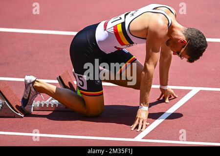 Le Belge Kevin Borlee a été photographié avant les épreuves de la course masculine 400m lors de la compétition d'athlétisme du 10 e jour des 'Jeux Olympiques de Tokyo 2020' à Tokyo, au Japon, le dimanche 01 août 2021. Les Jeux Olympiques d'été 2020 reportés se tiendront du 23 juillet au 8 août 2021. BELGA PHOTO JASPER JACOBS Banque D'Images