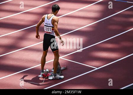 Le Belge Jonathan Sacoor a été photographié avant les épreuves de la course masculine 400m lors de la compétition d'athlétisme du 10 e jour des 'Jeux Olympiques de Tokyo 2020' à Tokyo, au Japon, le dimanche 01 août 2021. Les Jeux Olympiques d'été 2020 reportés se tiendront du 23 juillet au 8 août 2021. BELGA PHOTO JASPER JACOBS Banque D'Images