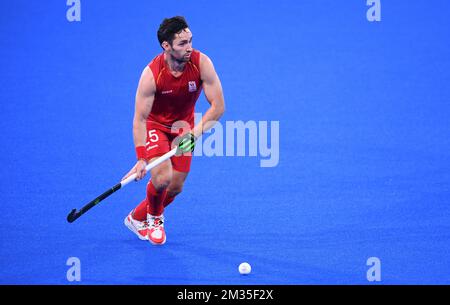 Le joueur belge Loick Luypaert se bat pour le ballon lors d'un match de hockey quart de finale entre les Red Lions de Belgique et l'Espagne, dans le tournoi de hockey sur gazon masculin, le 10 jour des « Jeux Olympiques de Tokyo 2020 » à Tokyo, au Japon, le dimanche 01 août 2021. Les Jeux Olympiques d'été 2020 reportés se tiendront du 23 juillet au 8 août 2021. BELGA PHOTO ROB WALBERS Banque D'Images