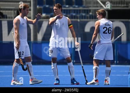 Loick Luypaert, de Belgique, célèbre après avoir marqué son score lors d'un match de hockey semi-final entre les Red Lions de Belgique et l'Inde, dans le tournoi de hockey sur gazon masculin, le 12 e jour des « Jeux Olympiques de Tokyo 2020 », à Tokyo, au Japon, le mardi 03 août 2021. Les Jeux Olympiques d'été 2020 reportés se tiendront du 23 juillet au 8 août 2021. BELGA PHOTO DIRK WAEM Banque D'Images