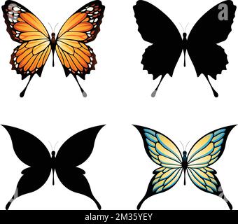 Orange, Yellow, Blue and Black Butterflies isolated on a White Background Illustration de Vecteur