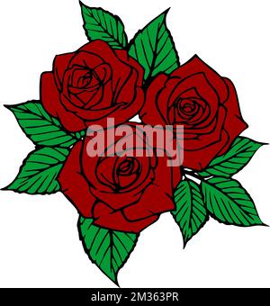 dessin de couleur d'un bouquet de trois roses rouges avec un contour noir sur fond blanc, logo, décor Banque D'Images