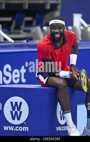 US Frances Tiafoe réagit lors d'un match entre US Tiafoe et Britain's Murray, lors de la première partie du tournoi européen Open de tennis ATP, à Anvers, le mardi 19 octobre 2021. BELGA PHOTO LAURIE DIEFFEMBACQ Banque D'Images