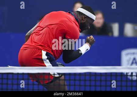 US Frances Tiafoe fête lors d'un match entre US Tiafoe et Britain's Murray, lors de la première partie du tournoi européen Open de tennis ATP, à Anvers, le mardi 19 octobre 2021. BELGA PHOTO LAURIE DIEFFEMBACQ Banque D'Images