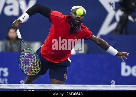 US Frances Tiafoe photographié en action lors d'un match entre US Tiafoe et Britain Murray, lors de la première partie du tournoi européen Open de tennis ATP, à Anvers, le mardi 19 octobre 2021. BELGA PHOTO LAURIE DIEFFEMBACQ Banque D'Images