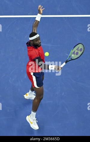 US Frances Tiafoe photographié en action lors d'un match entre US Tiafoe et Britain Murray, lors de la première partie du tournoi européen Open de tennis ATP, à Anvers, le mardi 19 octobre 2021. BELGA PHOTO DIRK WAEM Banque D'Images