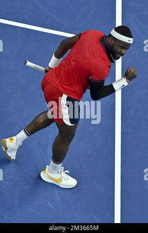 US Frances Tiafoe photographié en action lors d'un match entre US Tiafoe et Britain Murray, lors de la première partie du tournoi européen Open de tennis ATP, à Anvers, le mardi 19 octobre 2021. BELGA PHOTO DIRK WAEM Banque D'Images