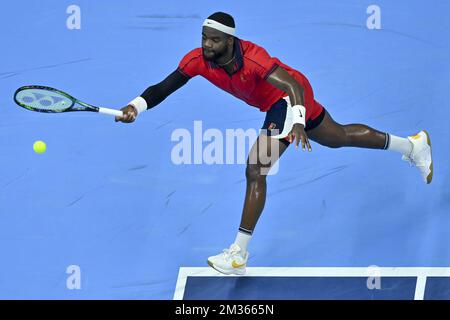 US Frances Tiafoe photographié en action lors d'un match entre US Tiafoe et Britain Murray, lors de la première partie du tournoi européen Open de tennis ATP, à Anvers, le mardi 19 octobre 2021. BELGA PHOTO DIRK WAEM Banque D'Images