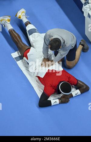 US Frances Tiafoe photographié en action lors d'un match entre US Tiafoe et Britain Murray, lors de la première partie du tournoi européen Open de tennis ATP, à Anvers, le mardi 19 octobre 2021. BELGA PHOTO DIRK WAEM Banque D'Images