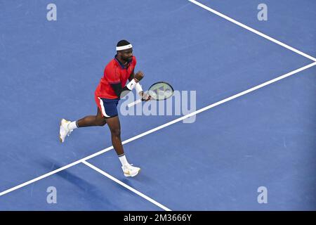 US Frances Tiafoe photographié en action lors d'un match entre US Tiafoe et Britain Murray, lors de la première partie du tournoi européen Open de tennis ATP, à Anvers, le mardi 19 octobre 2021. BELGA PHOTO DIRK WAEM Banque D'Images