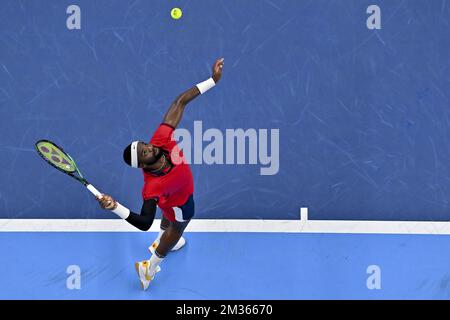 US Frances Tiafoe photographié en action lors d'un match entre US Tiafoe et Britain Murray, lors de la première partie du tournoi européen Open de tennis ATP, à Anvers, le mardi 19 octobre 2021. BELGA PHOTO DIRK WAEM Banque D'Images