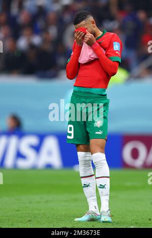 Al Chaur, Qatar. 14th décembre 2022. Football, coupe du monde 2022 au Qatar, France - Maroc, semi-fin, le Maroc Abderrazak Hamdallah gestes sur le terrain. Crédit : Tom Weller/dpa/Alay Live News Banque D'Images