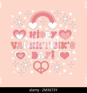 Rétro 70s style Hippy Valentines texte de la journée, groovy hippopie arrière-plans. Illustration de Vecteur