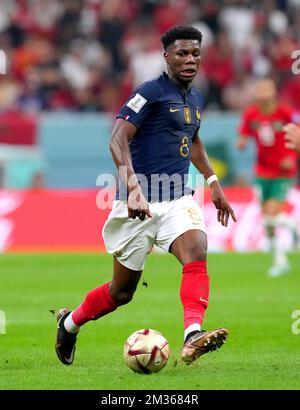 Aurélien Tchouameni en France lors du match de demi-finale de la coupe du monde de la FIFA au stade Al Bayt à Al Khor, Qatar. Date de la photo: Mercredi 14 décembre 2022. Banque D'Images