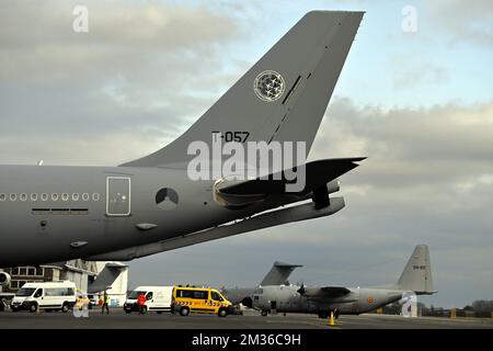 L'illustration montre l'Airbus A330 MRTT avant le départ à l'aéroport militaire de Melsbroek pour une visite de travail royale au Danemark, pour discuter des stratégies d'emploi et de formation, lundi 25 octobre 2021 à Copenhague, Danemark. BELGA PHOTO ERIC LALMAND Banque D'Images