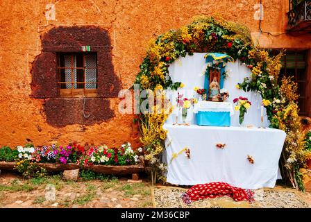 Altar in the street ready for Corpus Christi procession. Madriguera, Segovia, Castilla y León, Spain, Europe Stock Photo